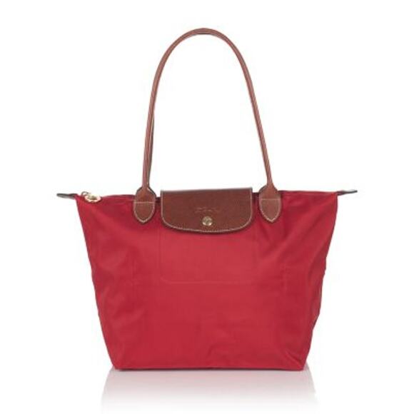 Longchamp Le Pliage Shoulder Tote Bag Red Brown Leather Handles - Picture 1 of 10
